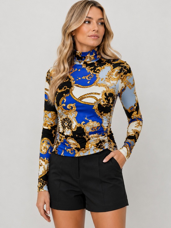 Boston Proper Tops - Boston Proper Blue Gold Baroque Ruched Mock Neck Long Sleeve Top Size Small